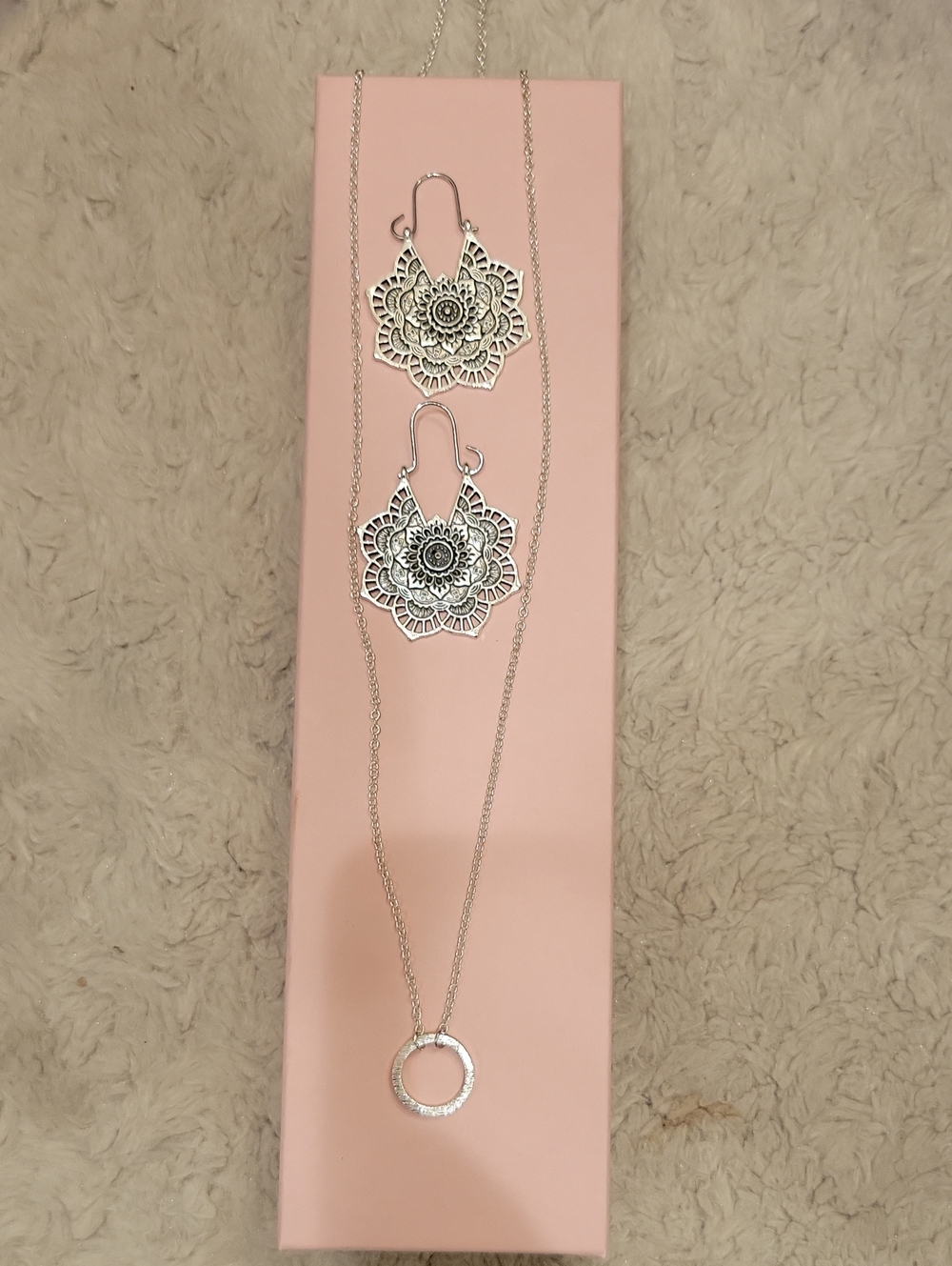 Silver Floral Mandala Earrings and Circle Pendant Necklace Set